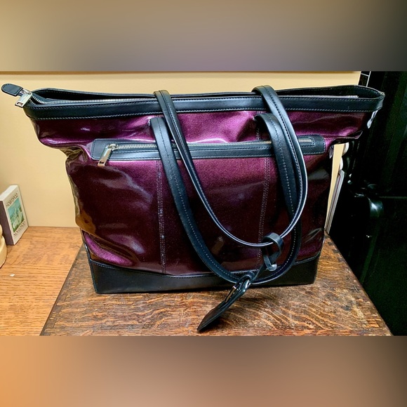 LODIS Black Leather Purple Aluminum Flash Laptop Tote Overnight Handbag Purse - Picture 9 of 16